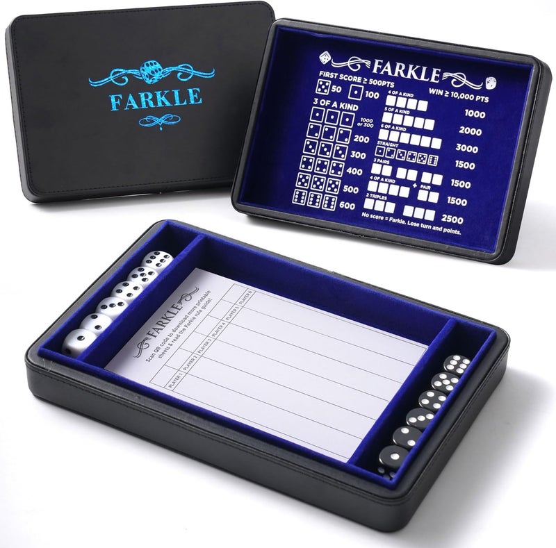 Soar Forge Deluxe Farkle Dice Tray and Storage - Elegant Faux Leather Travel Case with Score Sheets, 2 Sets of Dice & Velvet Lined Rolling Arena for Many Classic Games (Royal Blue) - Image 1